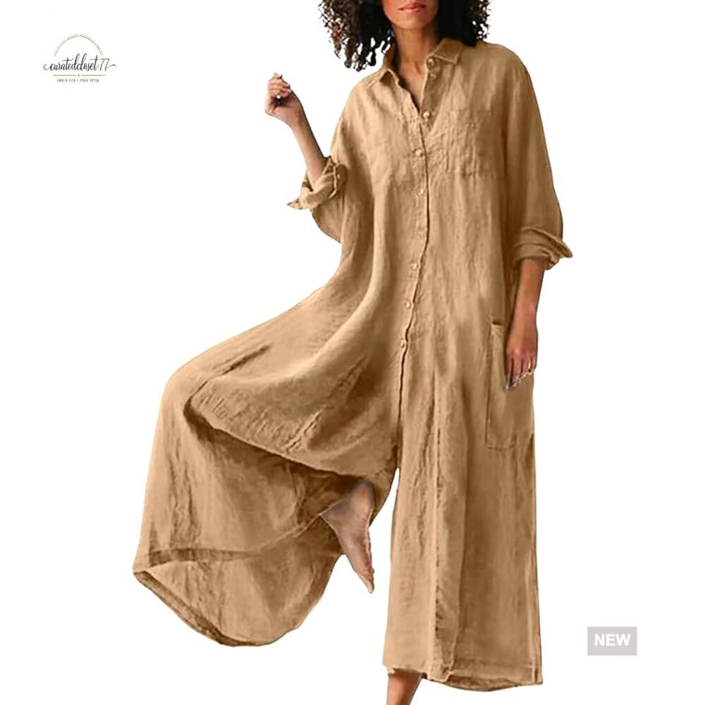 Linen Blend Wide Leg Jumpsuit Long Sleeve Button Down Loose Fit